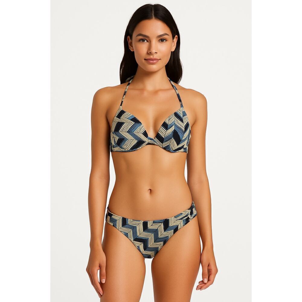 BCBG Generation XS Geometric Bikini Set Blue Black Tan Halter Padded